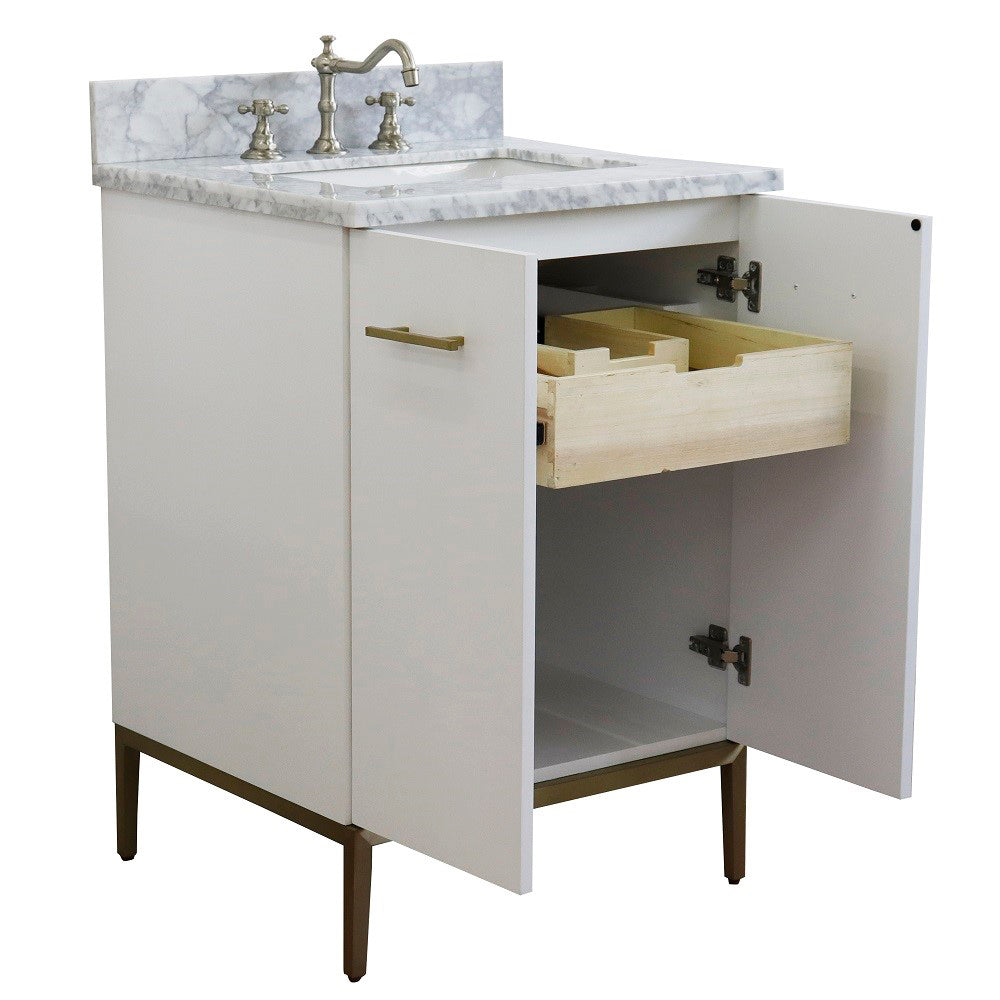 25" Single sink vanity in White finish with White Carrara marble and rectangle sink