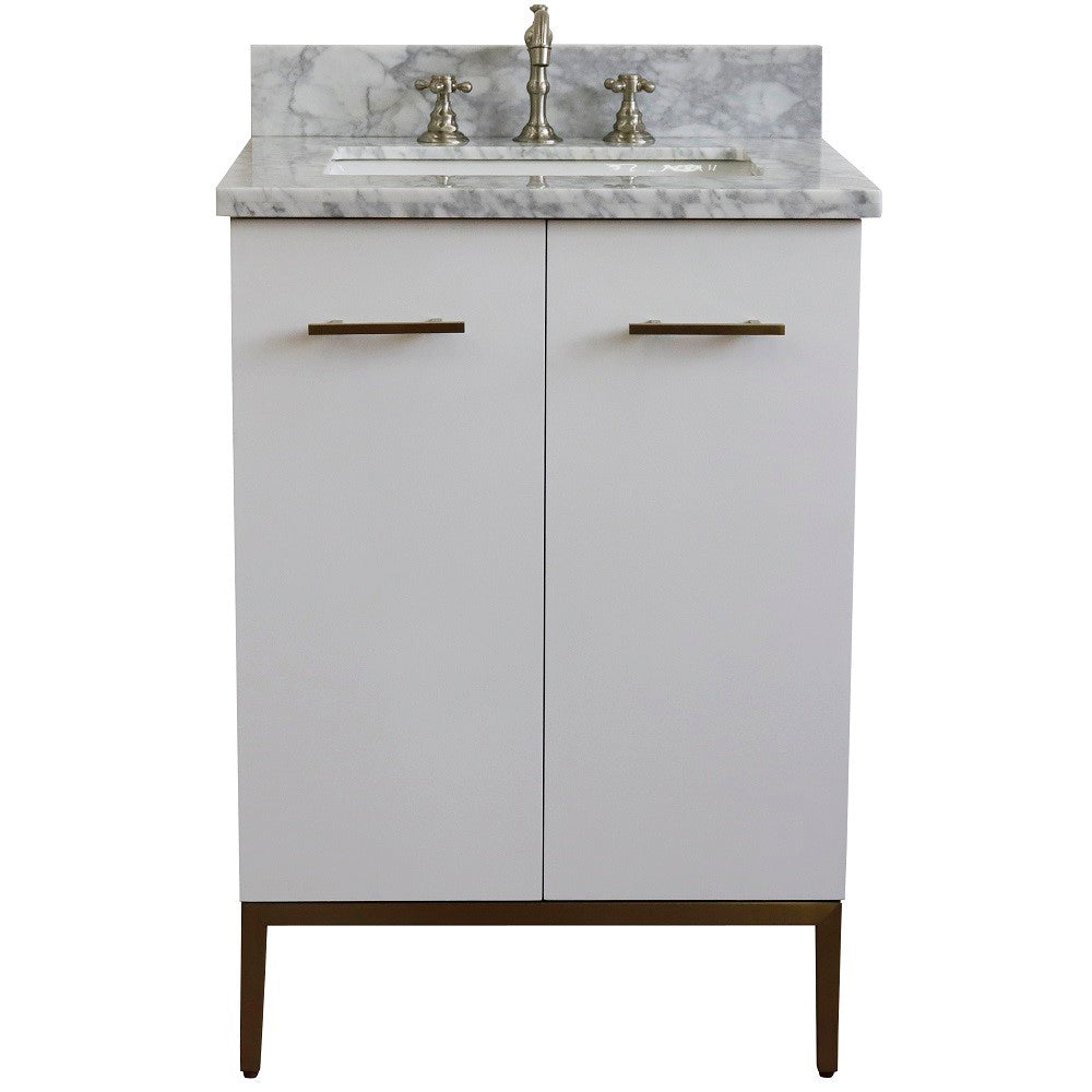 25" Single sink vanity in White finish with White Carrara marble and rectangle sink