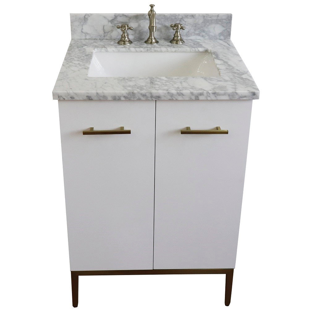 25" Single sink vanity in White finish with White Carrara marble and rectangle sink