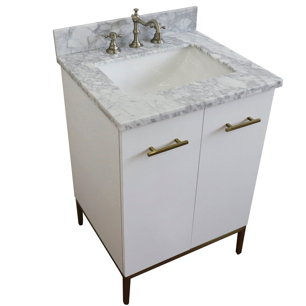 25" Single sink vanity in White finish with White Carrara marble and rectangle sink