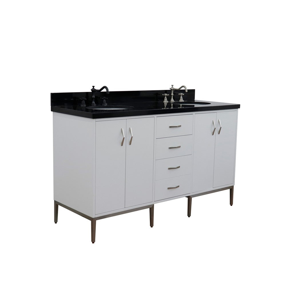 61" Double sink vanity in White finish with Black galaxy granite and oval sink