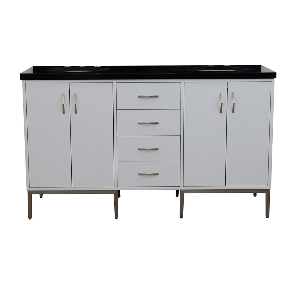 61" Double sink vanity in White finish with Black galaxy granite and oval sink