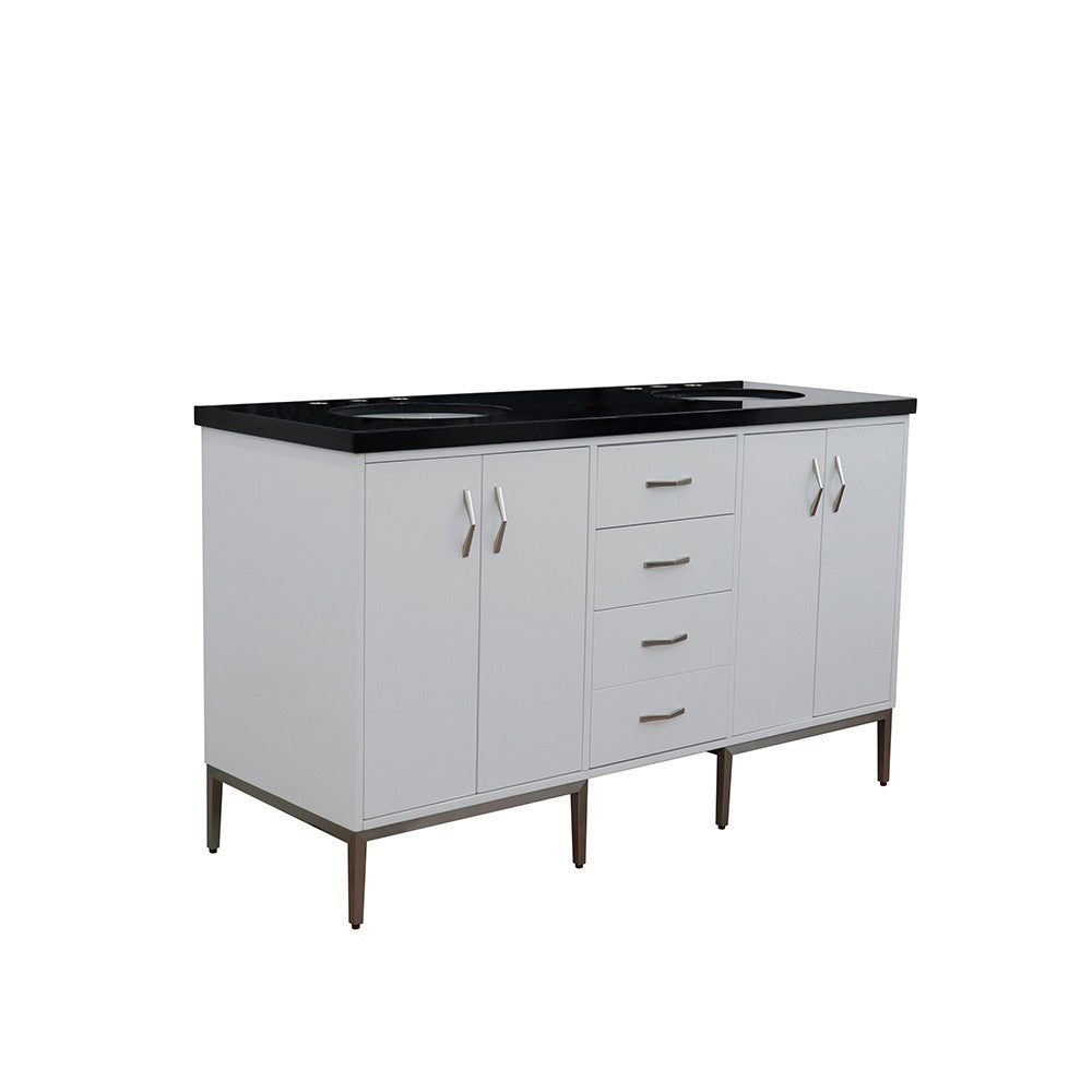 61" Double sink vanity in White finish with Black galaxy granite and oval sink