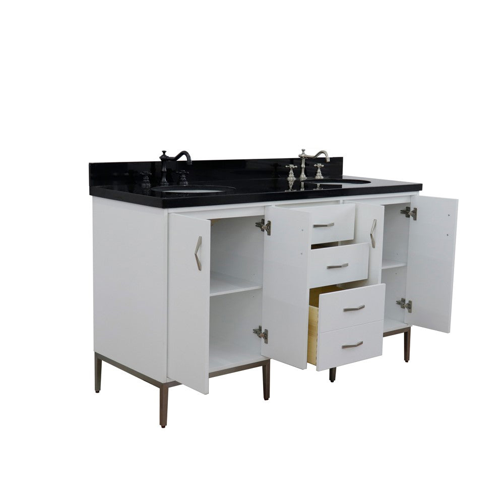 61" Double sink vanity in White finish with Black galaxy granite and oval sink