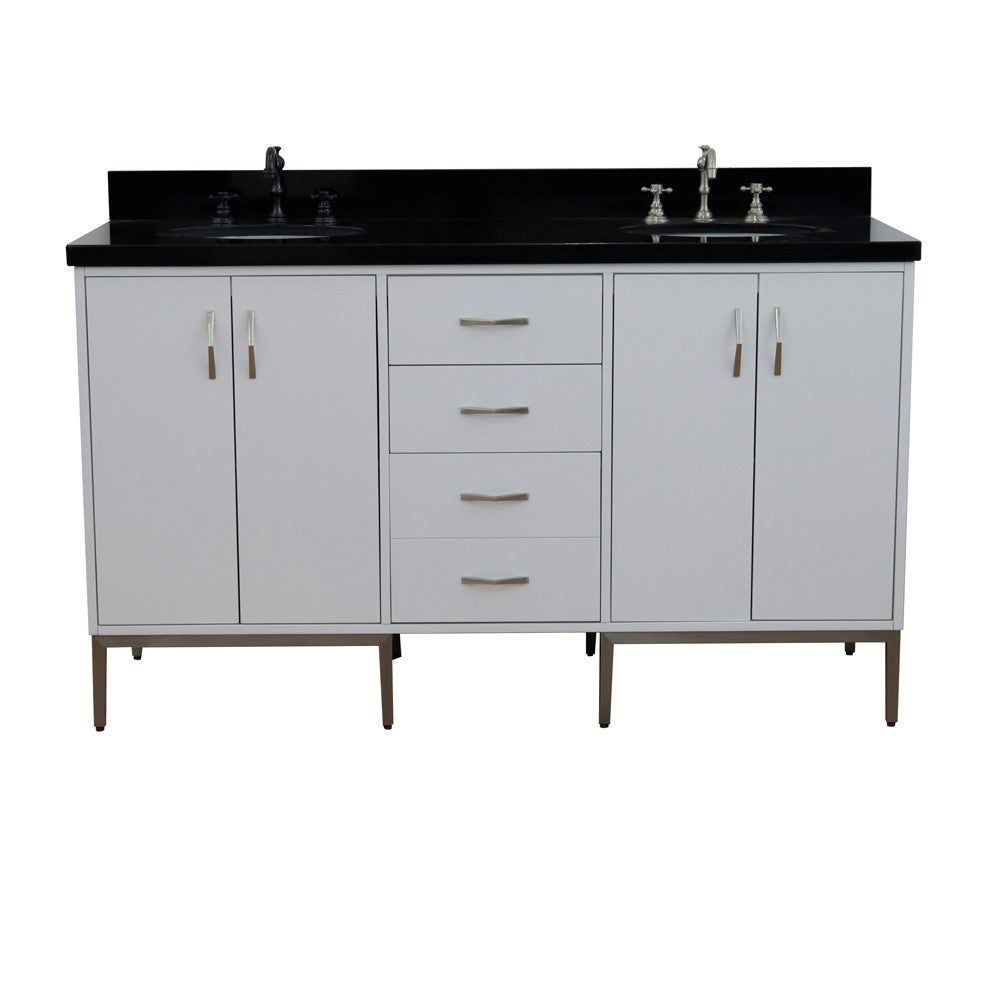 61" Double sink vanity in White finish with Black galaxy granite and oval sink