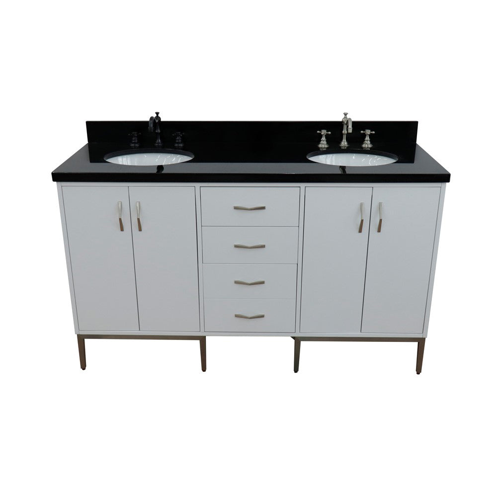 61" Double sink vanity in White finish with Black galaxy granite and oval sink