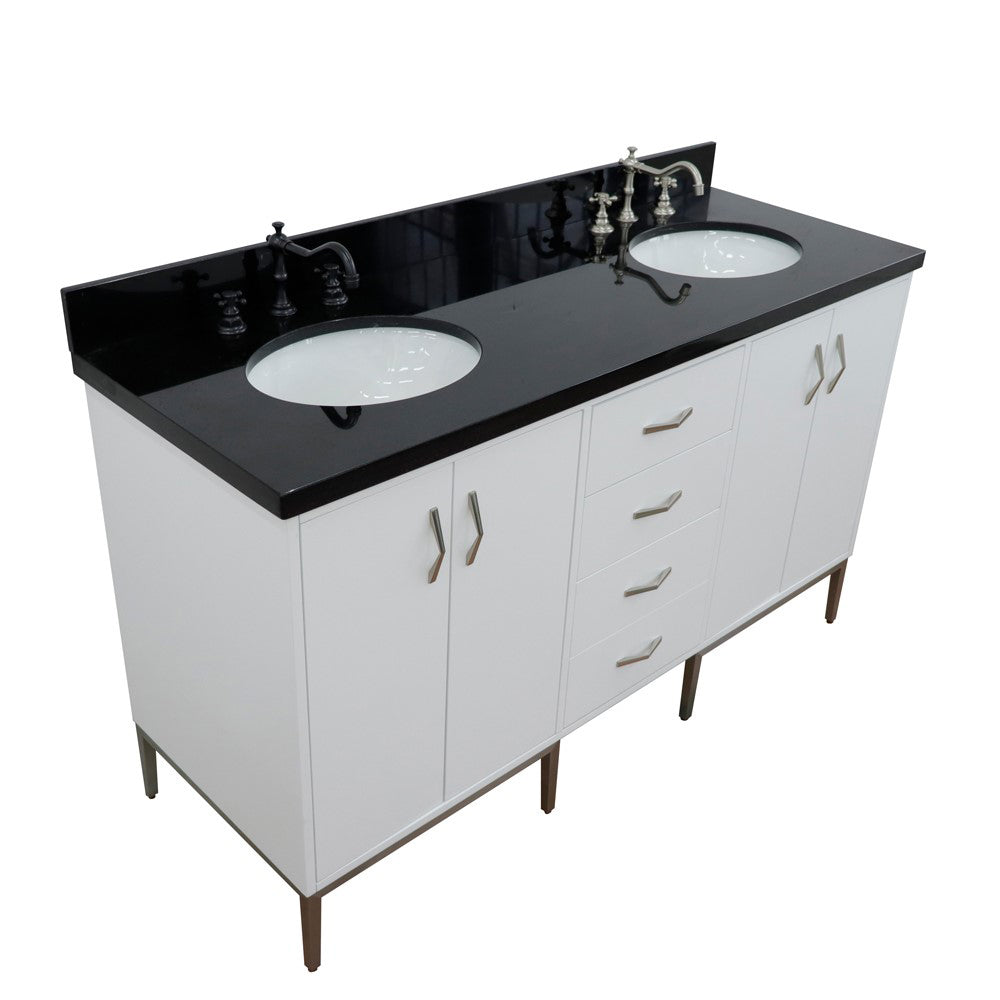 61" Double sink vanity in White finish with Black galaxy granite and oval sink