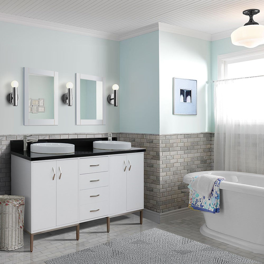 61" Double sink vanity in White finish with Black galaxy granite and round sink