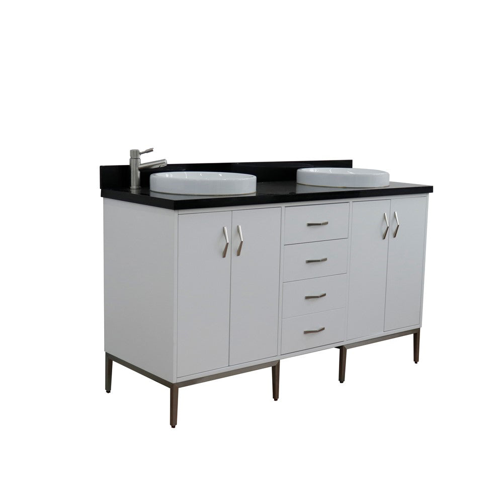 61" Double sink vanity in White finish with Black galaxy granite and round sink