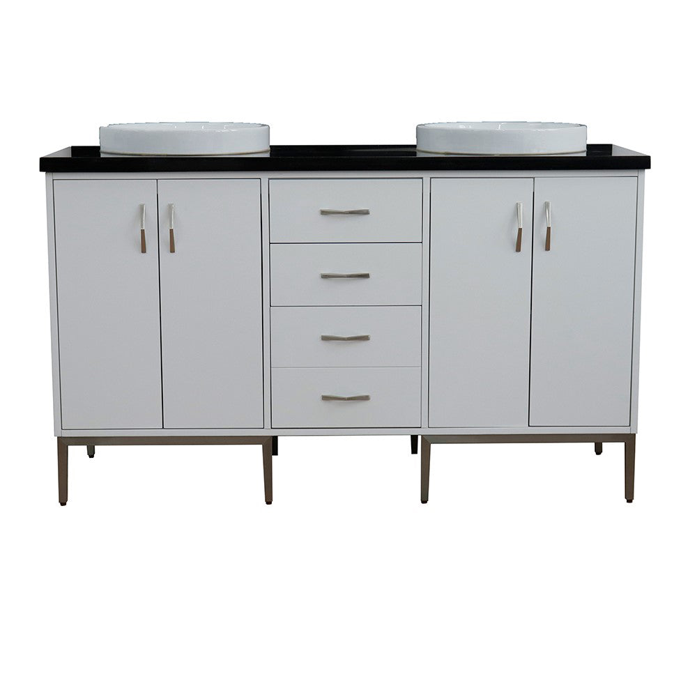 61" Double sink vanity in White finish with Black galaxy granite and round sink