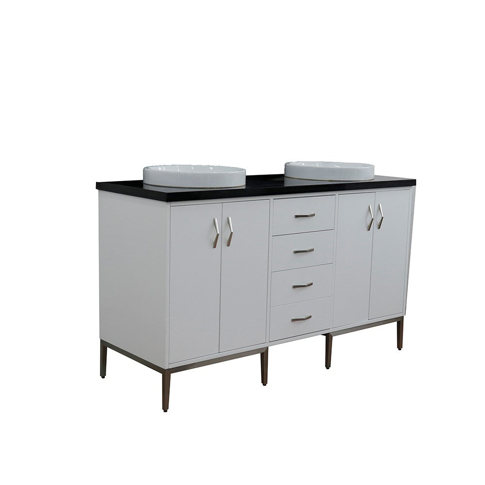 61" Double sink vanity in White finish with Black galaxy granite and round sink