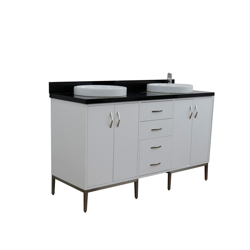 61" Double sink vanity in White finish with Black galaxy granite and round sink