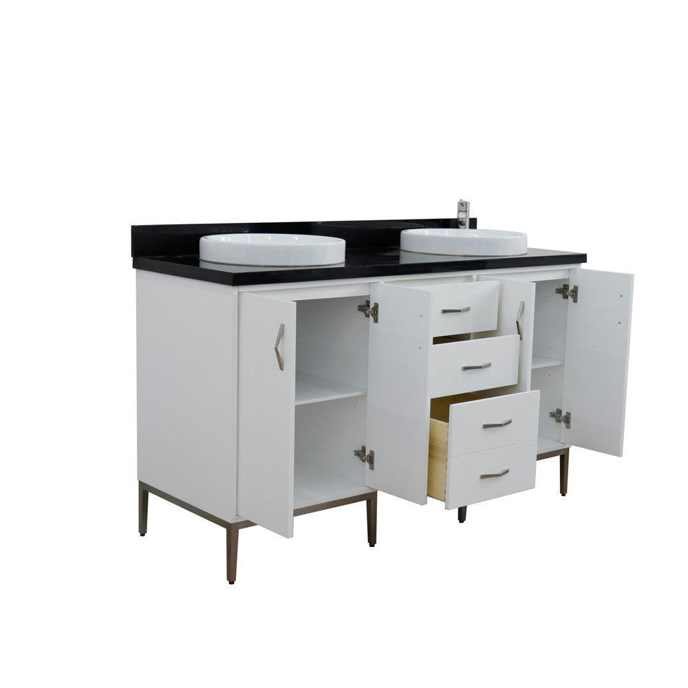 61" Double sink vanity in White finish with Black galaxy granite and round sink