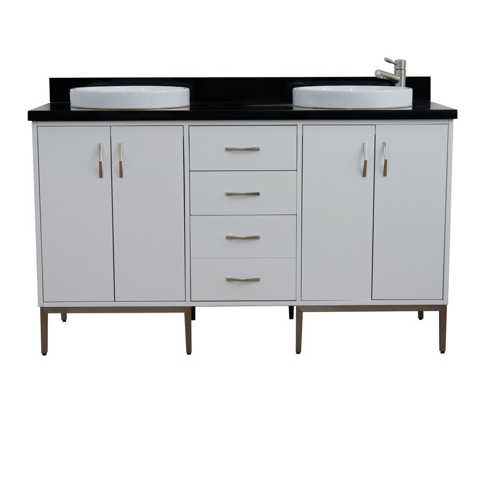 61" Double sink vanity in White finish with Black galaxy granite and round sink
