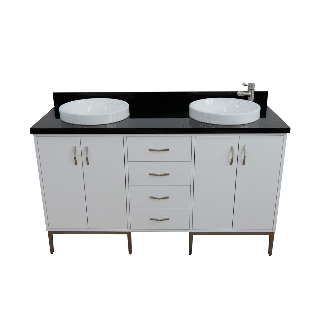 61" Double sink vanity in White finish with Black galaxy granite and round sink