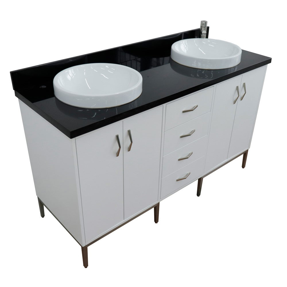 61" Double sink vanity in White finish with Black galaxy granite and round sink