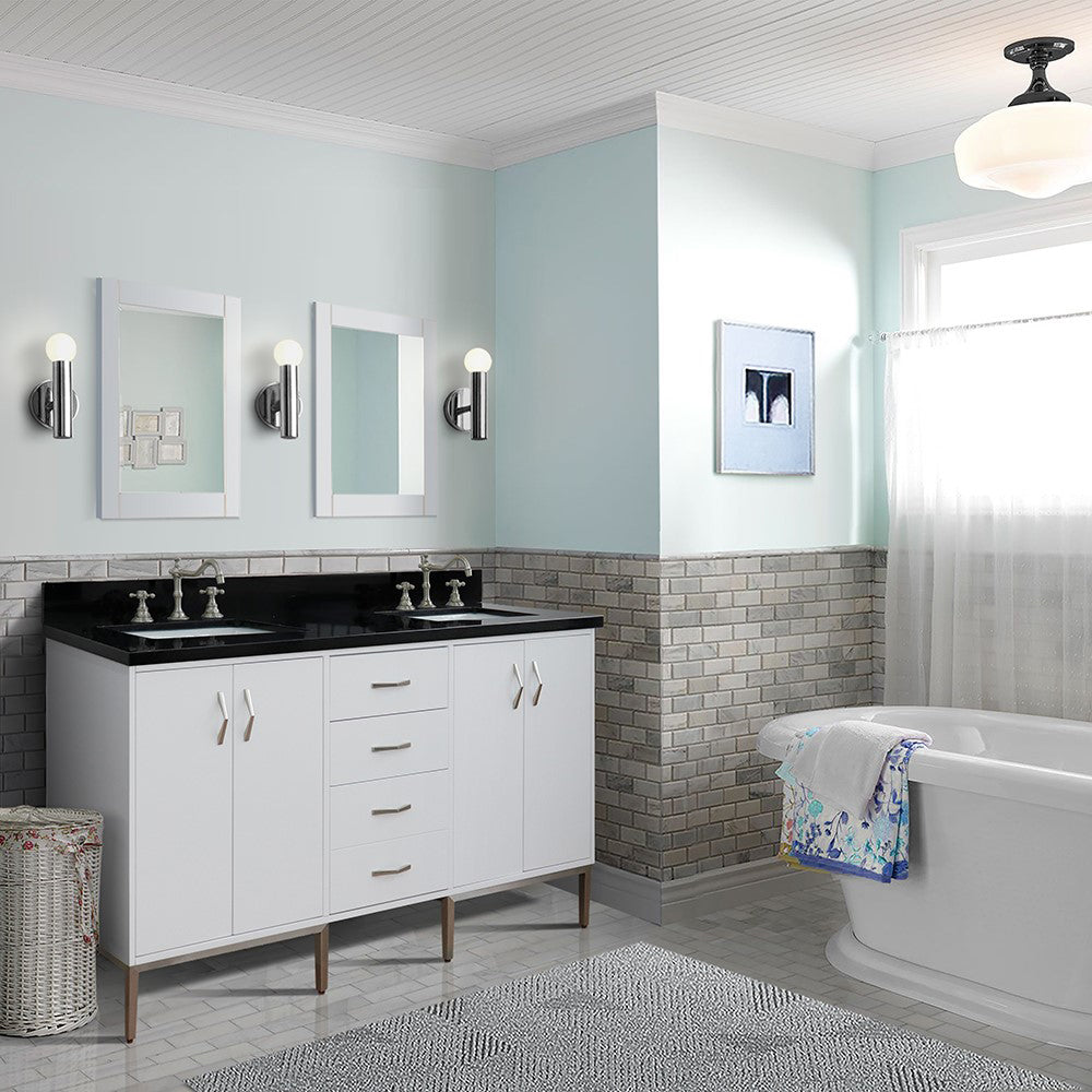 61" Double sink vanity in White finish with Black galaxy granite and rectangle sink