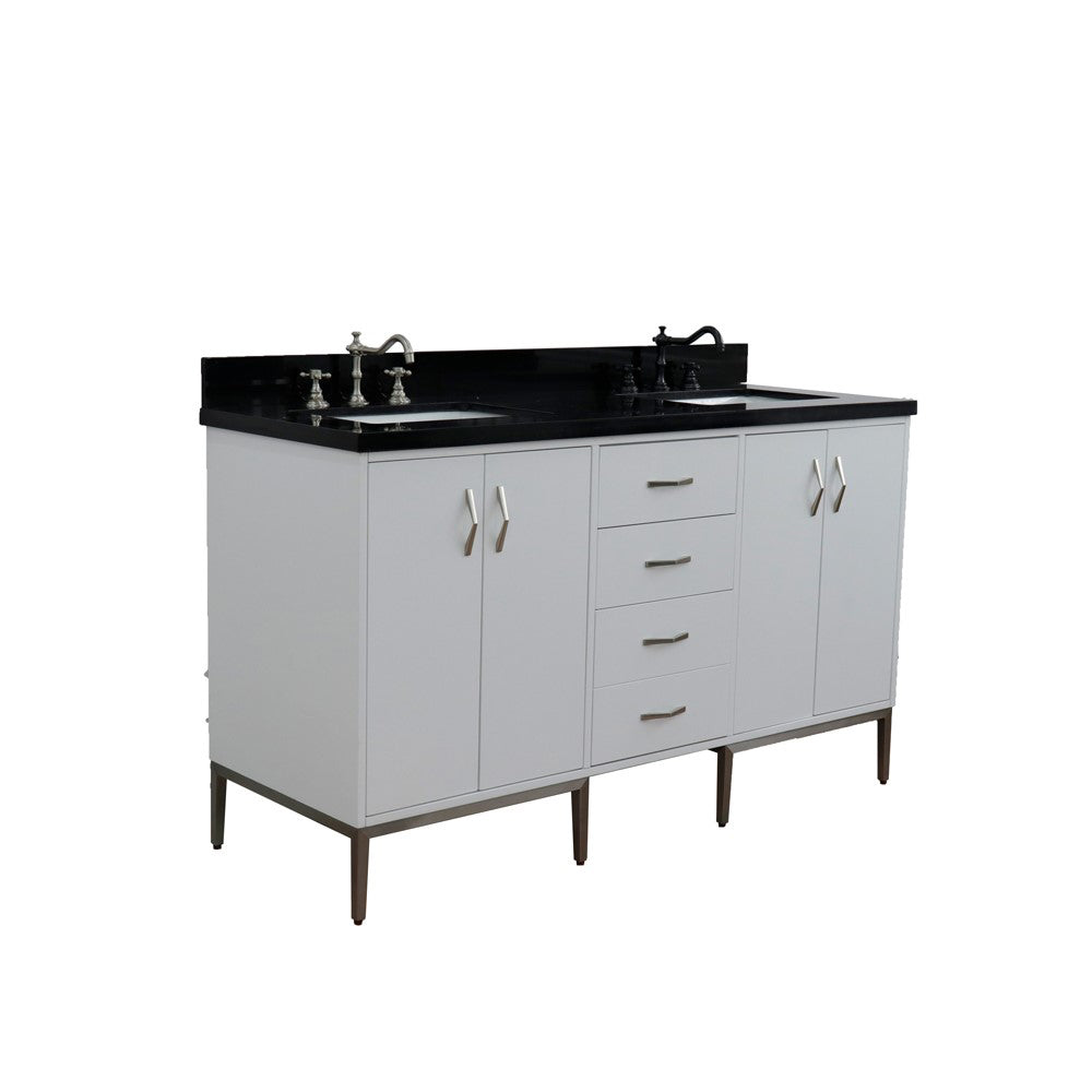 61" Double sink vanity in White finish with Black galaxy granite and rectangle sink