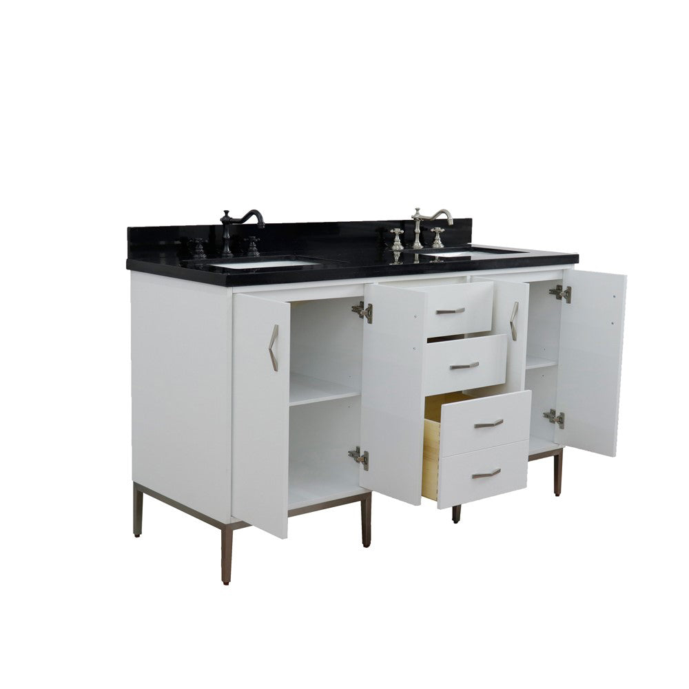 61" Double sink vanity in White finish with Black galaxy granite and rectangle sink