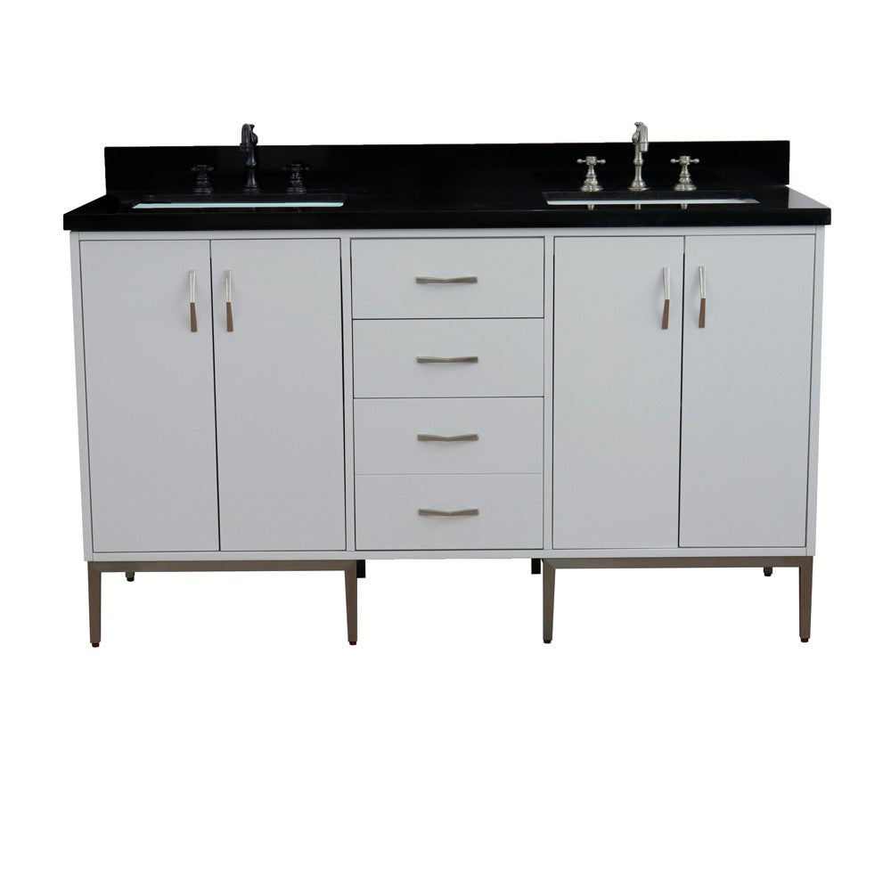 61" Double sink vanity in White finish with Black galaxy granite and rectangle sink
