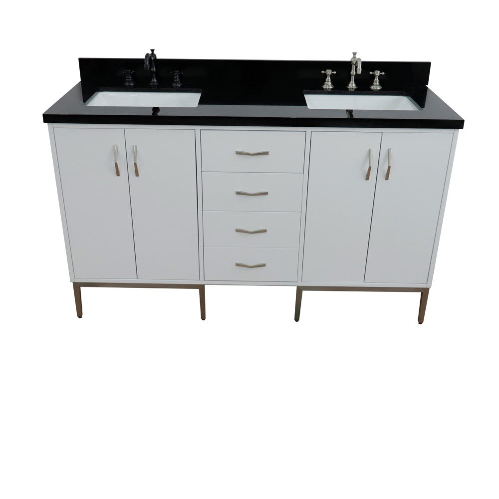 61" Double sink vanity in White finish with Black galaxy granite and rectangle sink