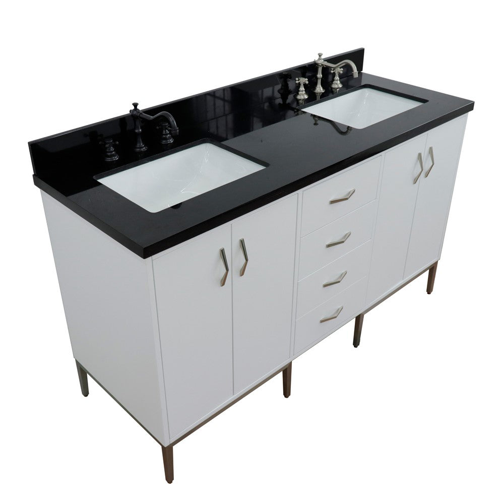 61" Double sink vanity in White finish with Black galaxy granite and rectangle sink