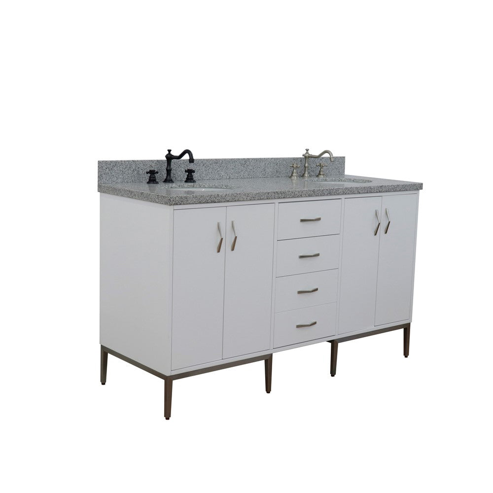 61" Double sink vanity in White finish with Gray granite and oval sink