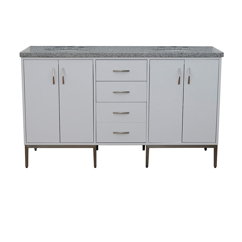 61" Double sink vanity in White finish with Gray granite and oval sink