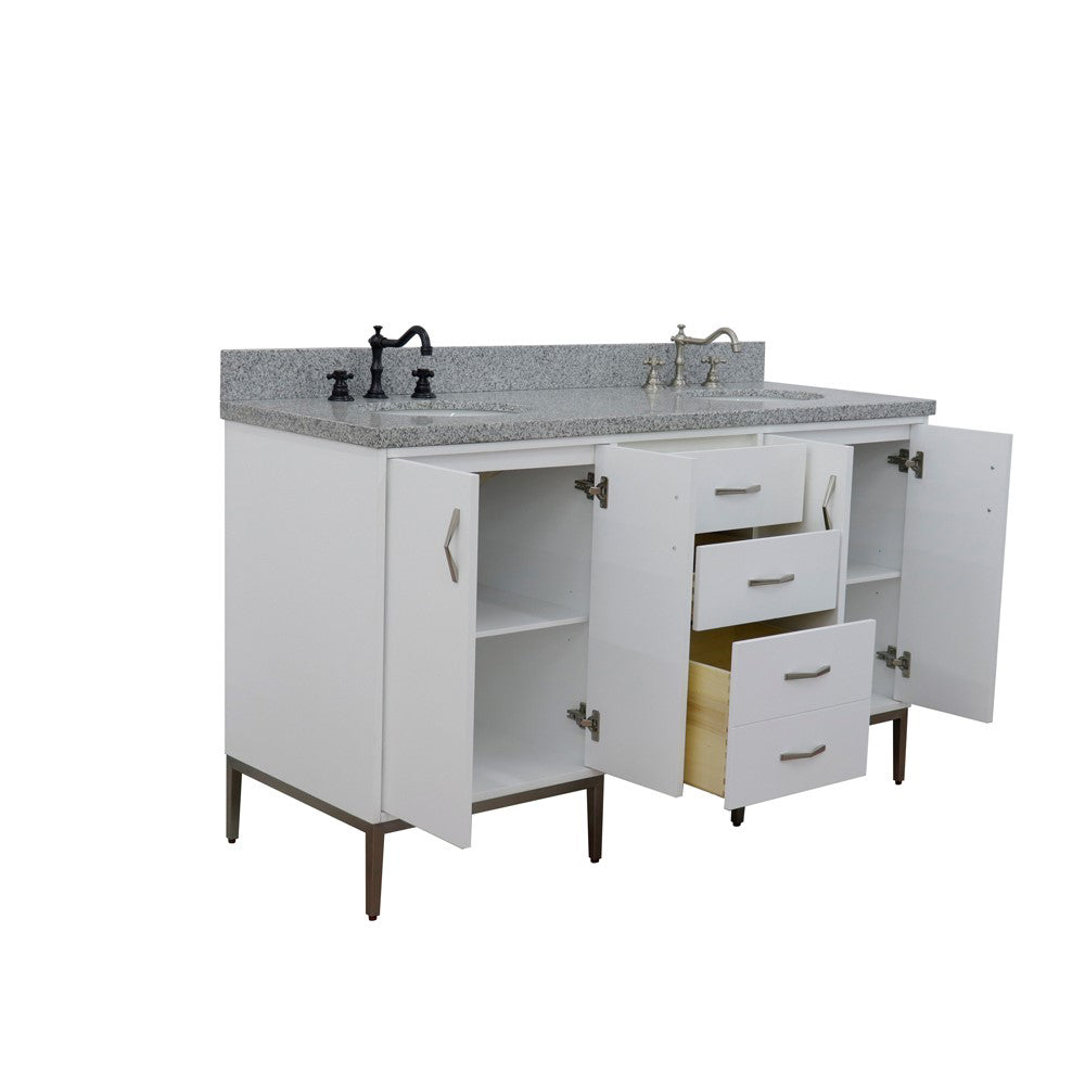 61" Double sink vanity in White finish with Gray granite and oval sink