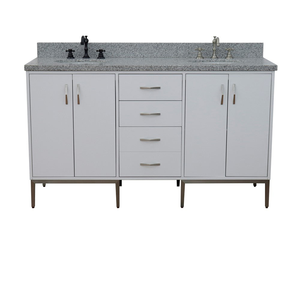 61" Double sink vanity in White finish with Gray granite and oval sink