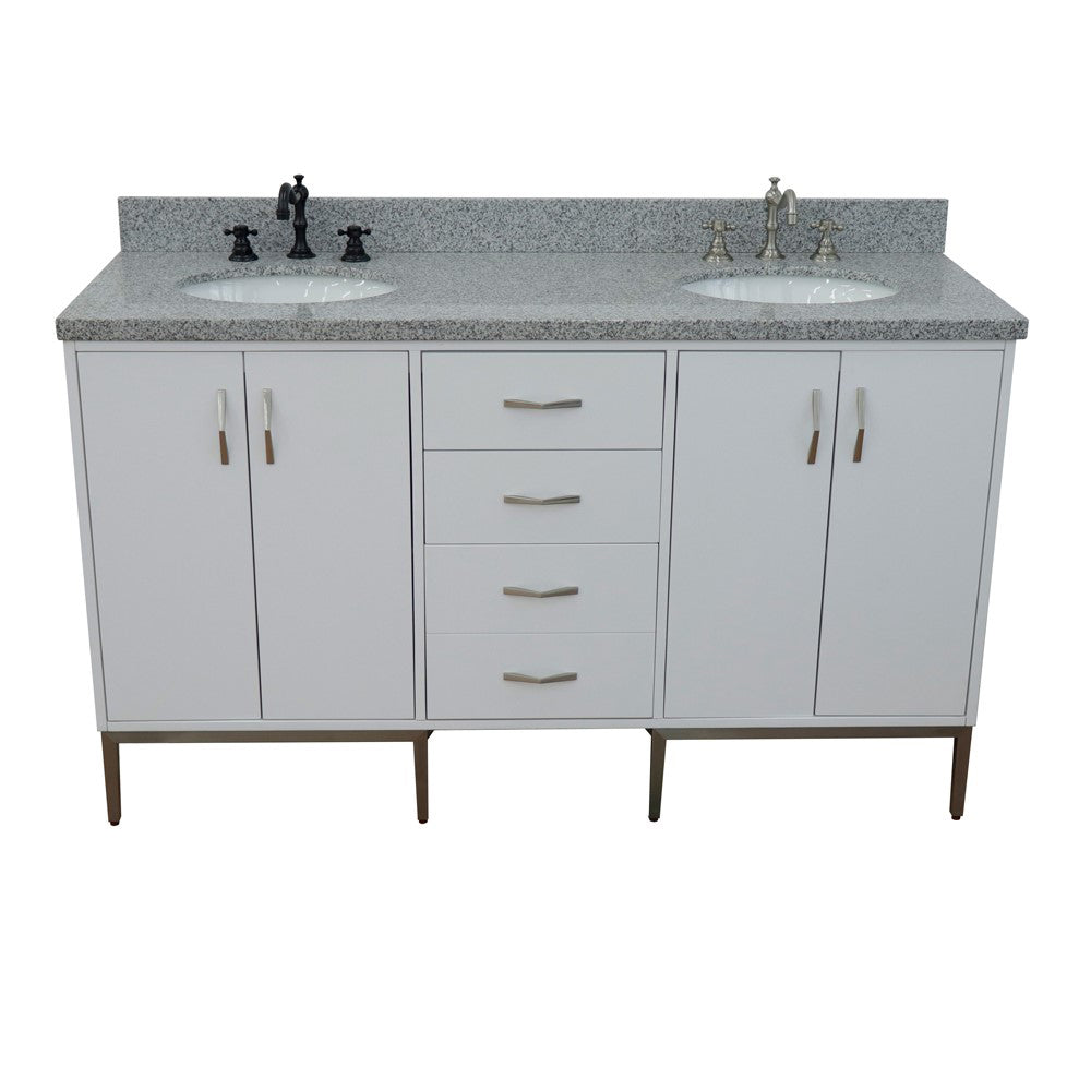 61" Double sink vanity in White finish with Gray granite and oval sink