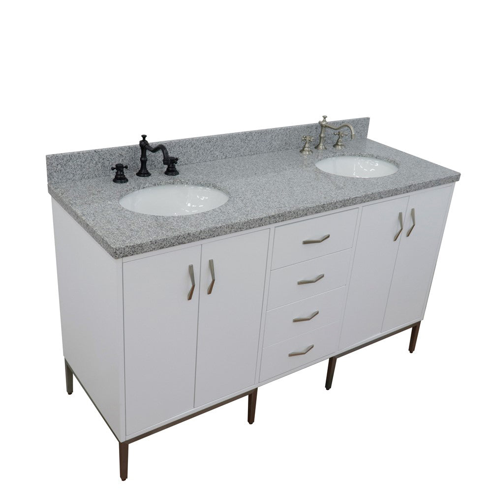 61" Double sink vanity in White finish with Gray granite and oval sink