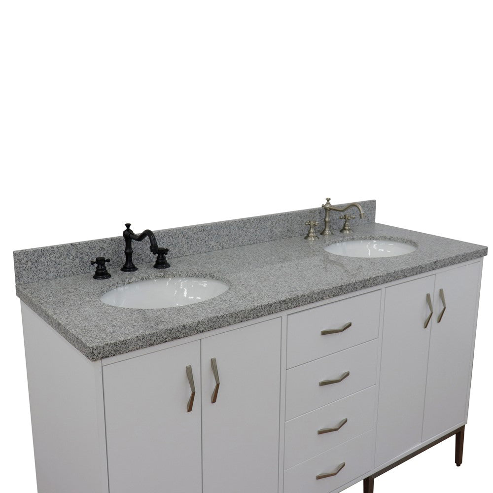 61" Double sink vanity in White finish with Gray granite and oval sink