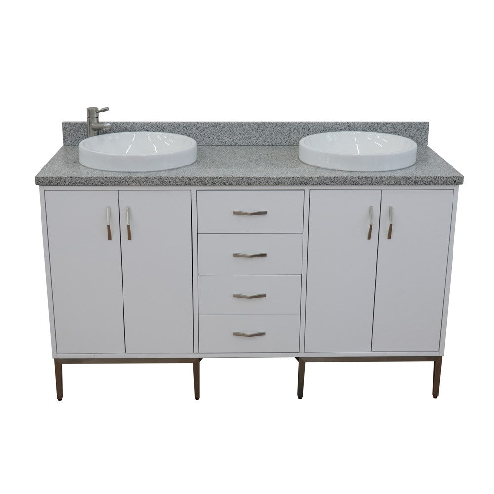 61" Double sink vanity in White finish with Gray granite and round sink