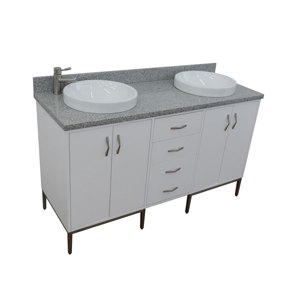 61" Double sink vanity in White finish with Gray granite and round sink