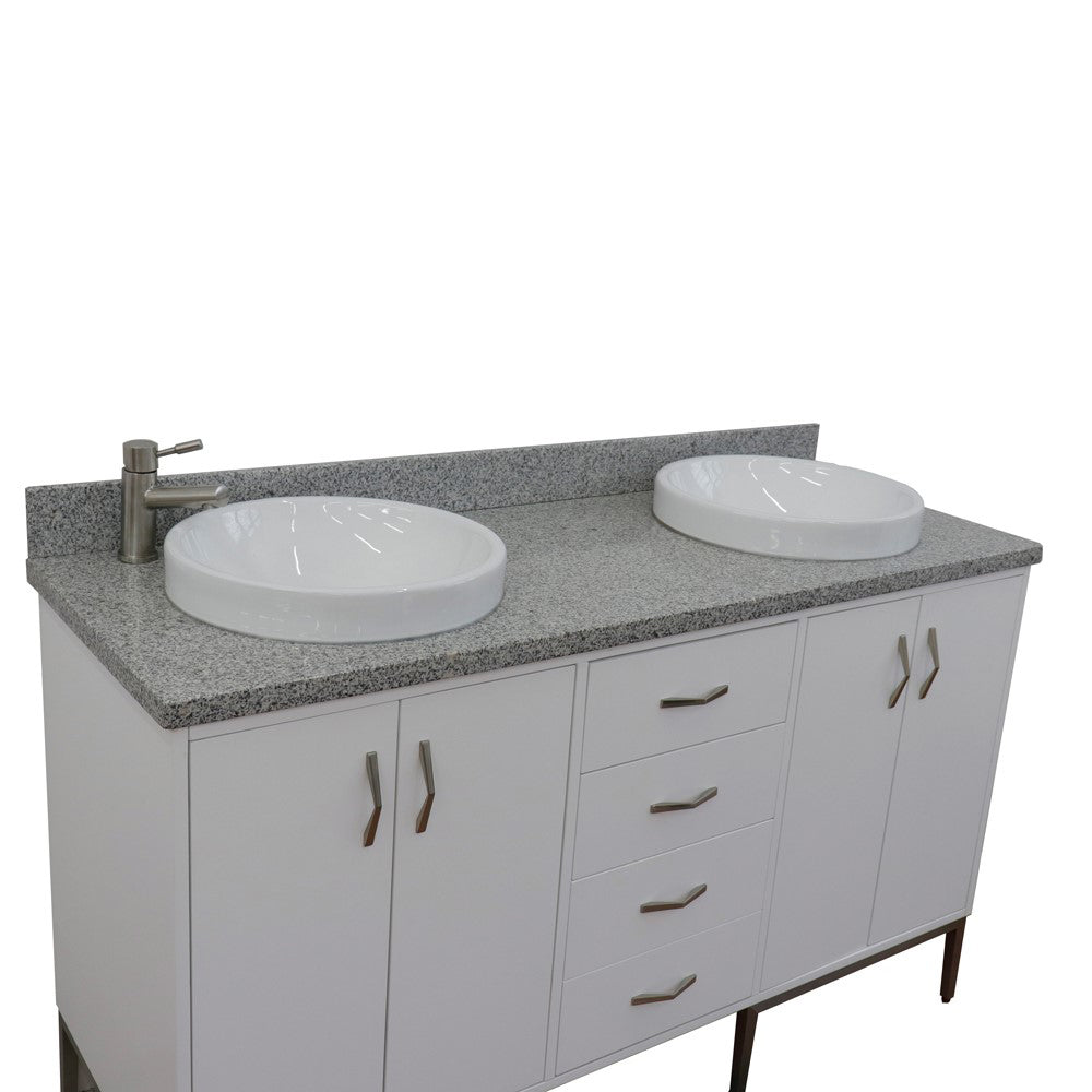 61" Double sink vanity in White finish with Gray granite and round sink