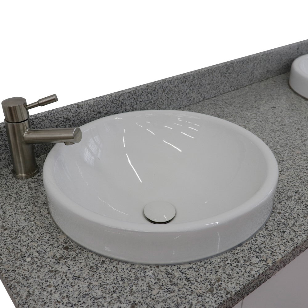 61" Double sink vanity in White finish with Gray granite and round sink