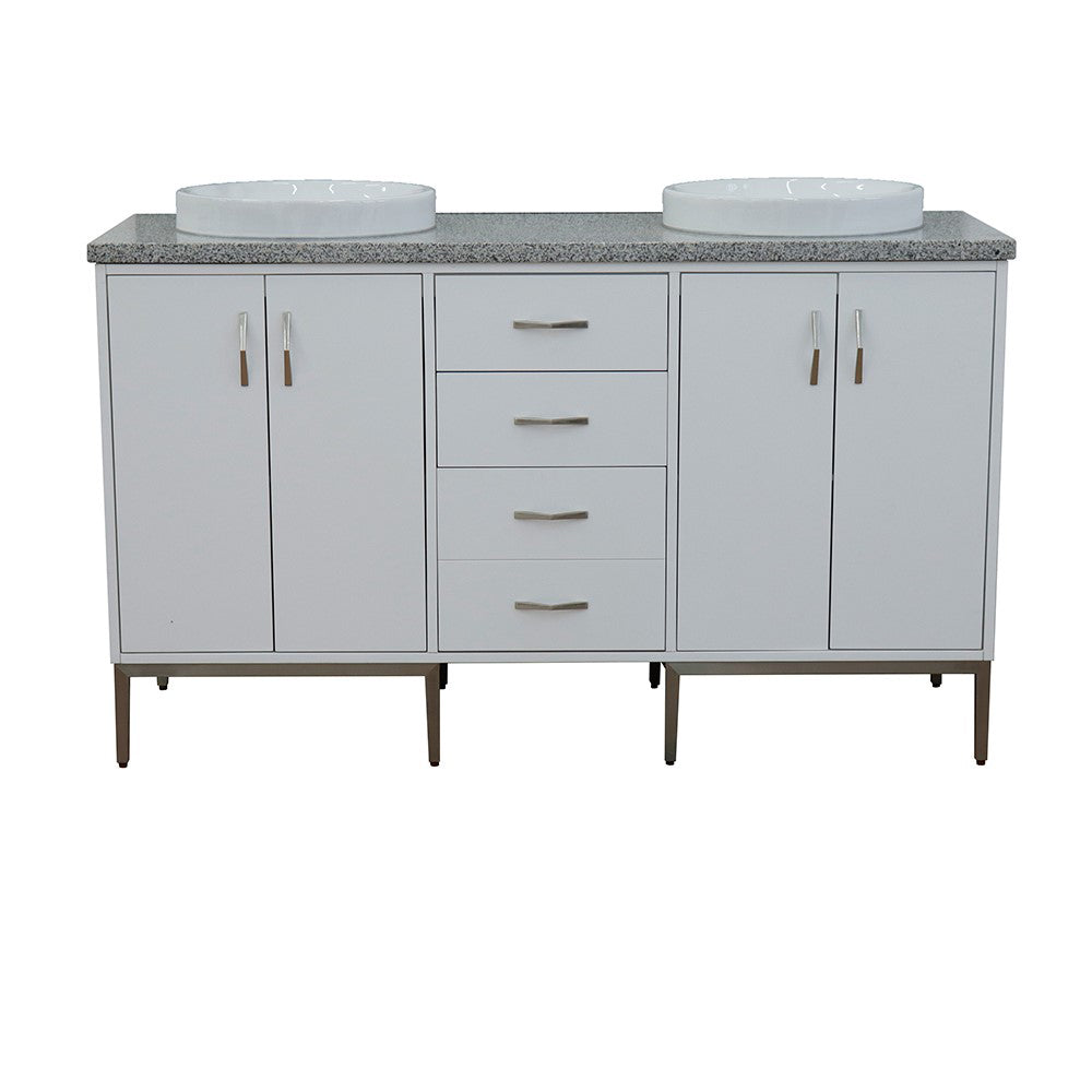 61" Double sink vanity in White finish with Gray granite and round sink