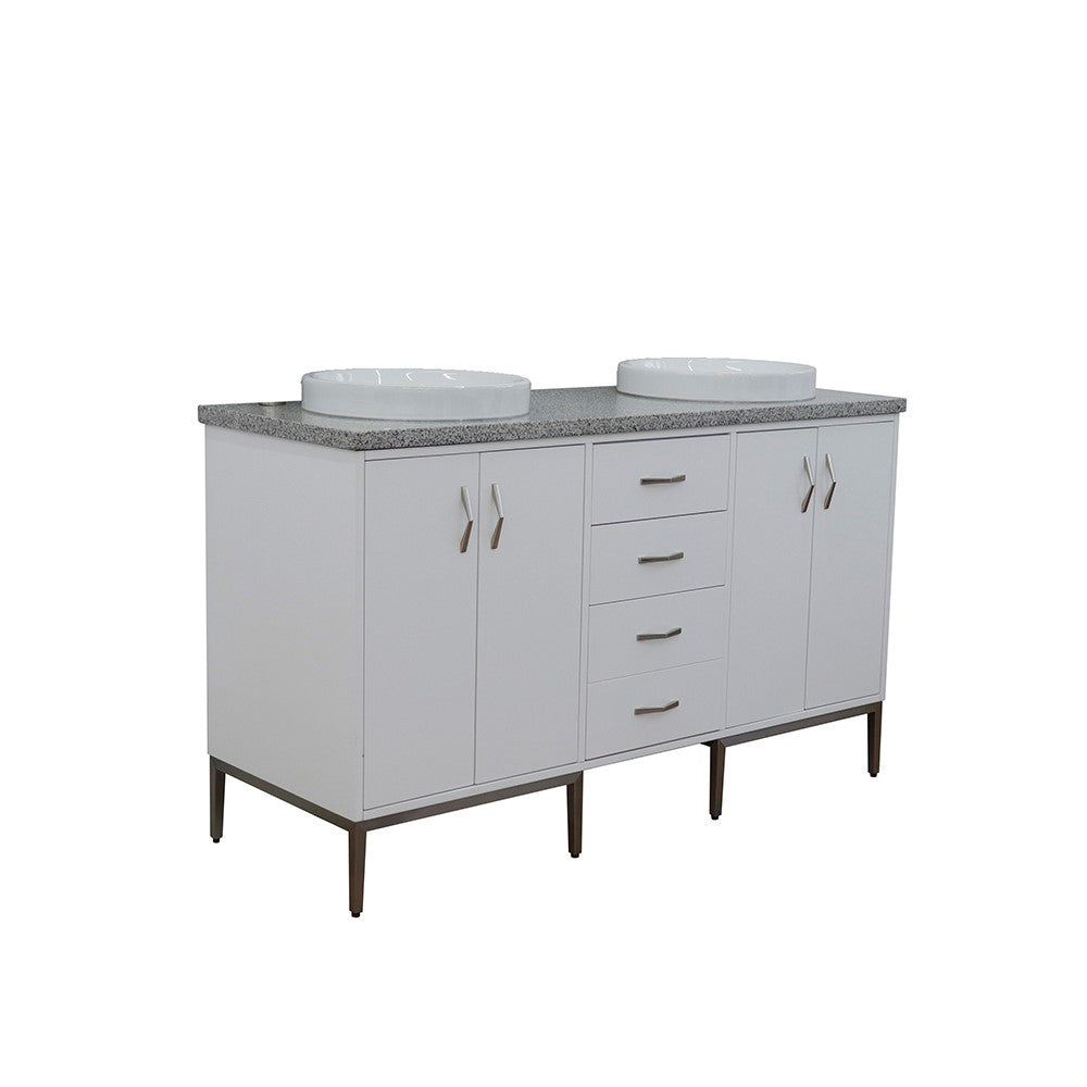 61" Double sink vanity in White finish with Gray granite and round sink