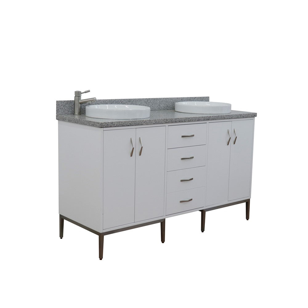 61" Double sink vanity in White finish with Gray granite and round sink