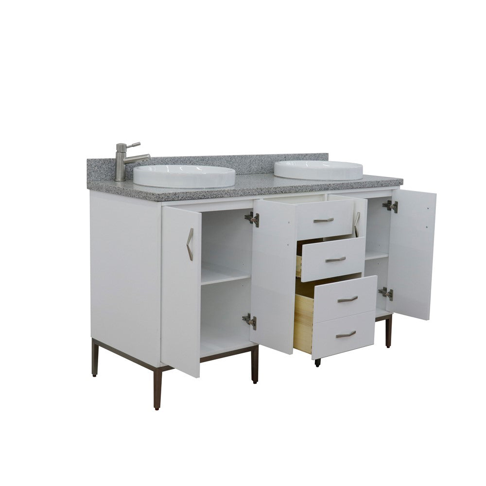 61" Double sink vanity in White finish with Gray granite and round sink