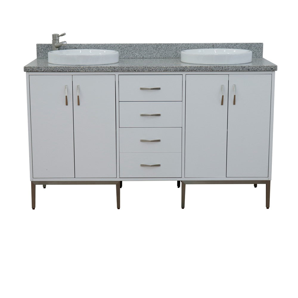 61" Double sink vanity in White finish with Gray granite and round sink