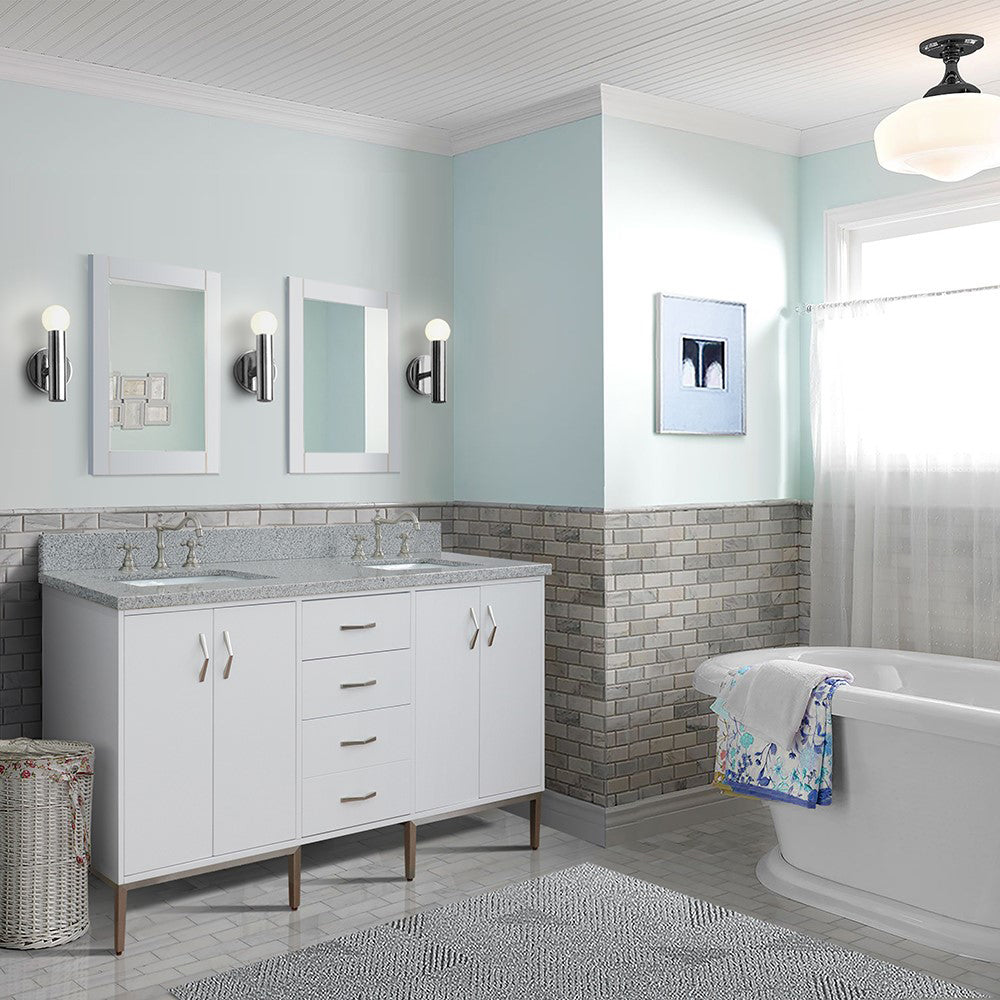 61" Double sink vanity in White finish with Gray granite and rectangle sink