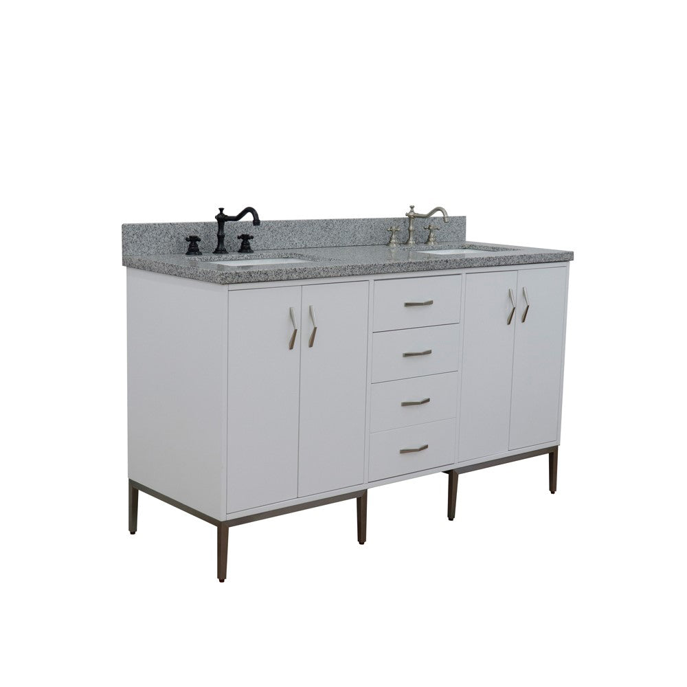 61" Double sink vanity in White finish with Gray granite and rectangle sink