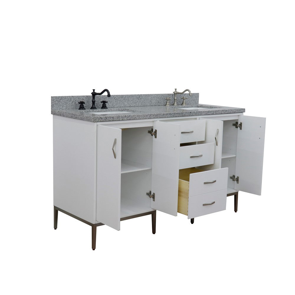 61" Double sink vanity in White finish with Gray granite and rectangle sink