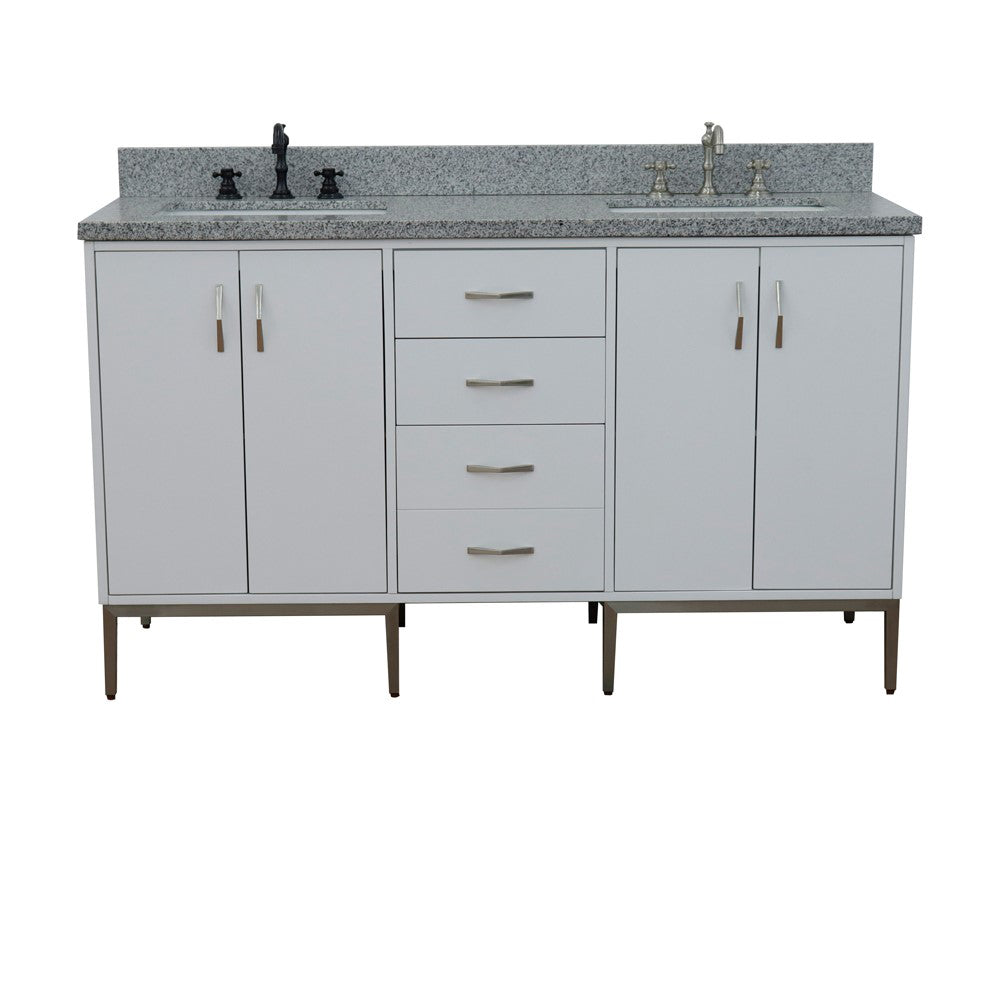 61" Double sink vanity in White finish with Gray granite and rectangle sink