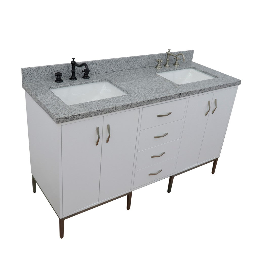 61" Double sink vanity in White finish with Gray granite and rectangle sink