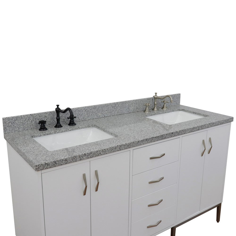 61" Double sink vanity in White finish with Gray granite and rectangle sink