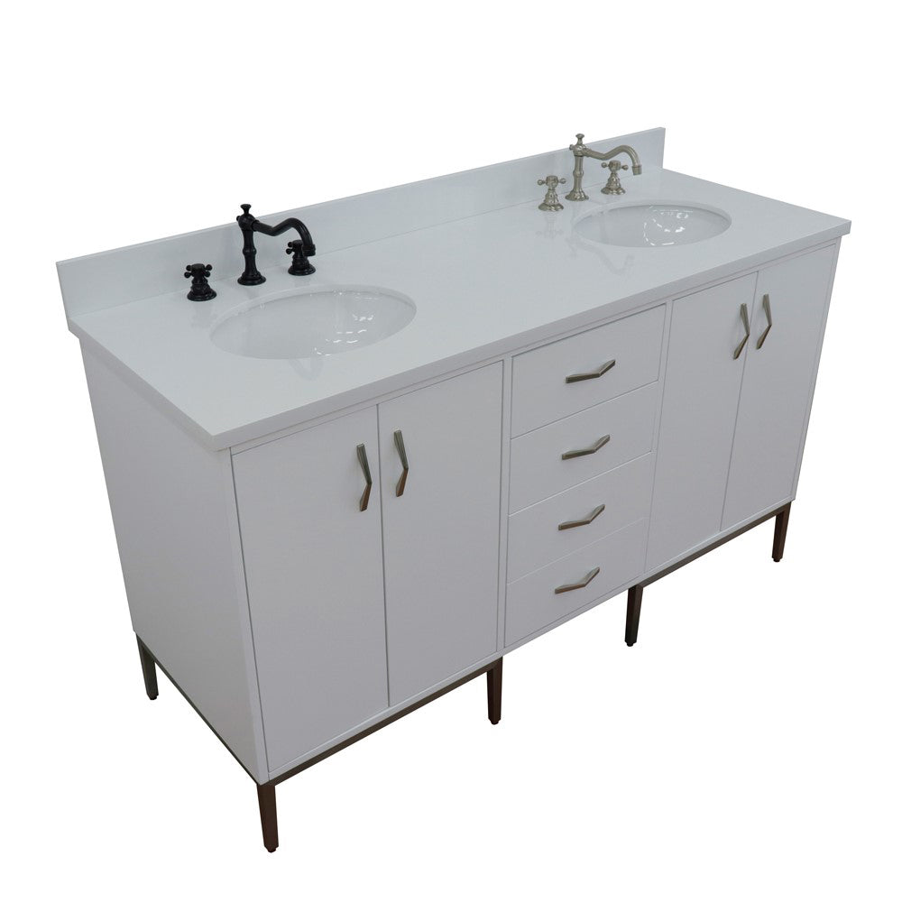 61" Double sink vanity in White finish with White engineered stone and oval sink