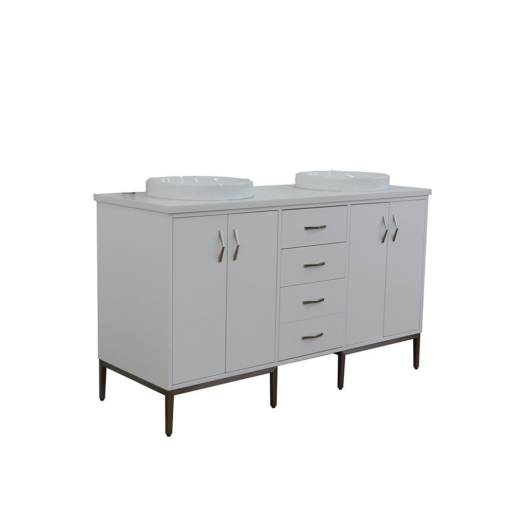 61" Double sink vanity in White finish with White engineered stone and round sink
